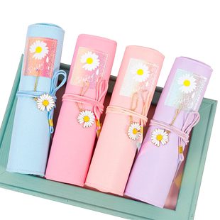 创意小雏菊卷帘笔袋大容量小清新少女心可爱帆布铅笔袋分隔式子母袋韩国简约日系大中学生文具盒文艺网红ins