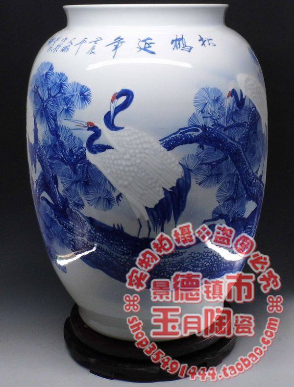 景德镇吴文瀚作品 青花瓷器字画大缸 松鹤延年摆件陶瓷缸 摆设