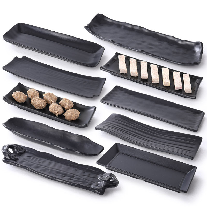 火锅盘商用密胺仿瓷餐具黑色磨砂火锅小长盘日式餐具烧烤专用盘子