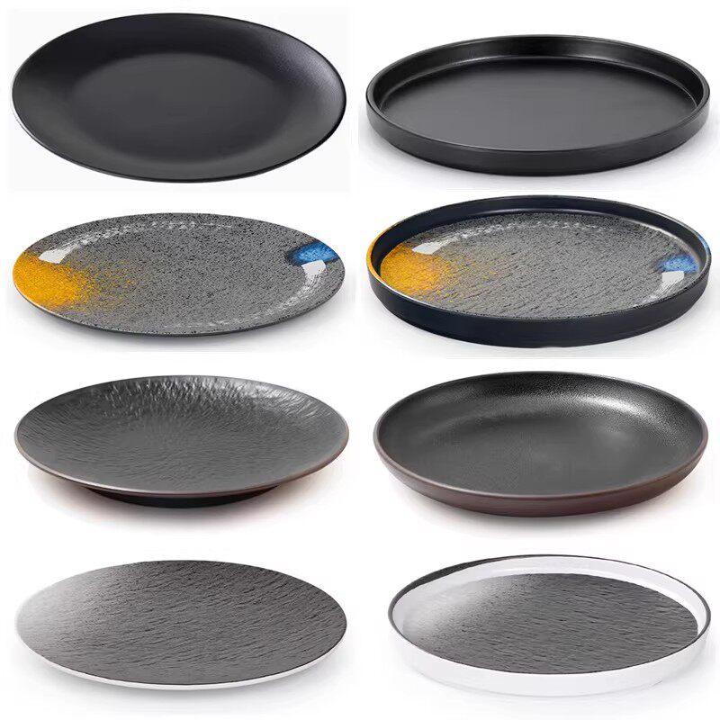 黑色磨砂密胺日式盘子圆形商用食堂饭盘火锅菜盘骨碟餐盘烤肉盘子