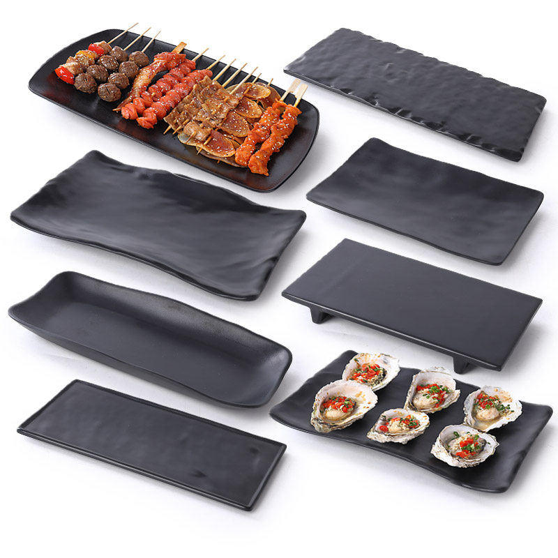 烧烤店商用密胺仿瓷餐具黑色磨砂火锅大长盘日式餐具火锅专用大盘