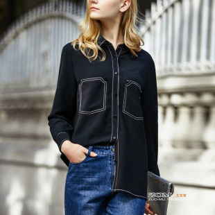 女秋装 欧美风 重磅真丝衬衫 饰双口袋BF气质显瘦长袖 新 帅气明线装