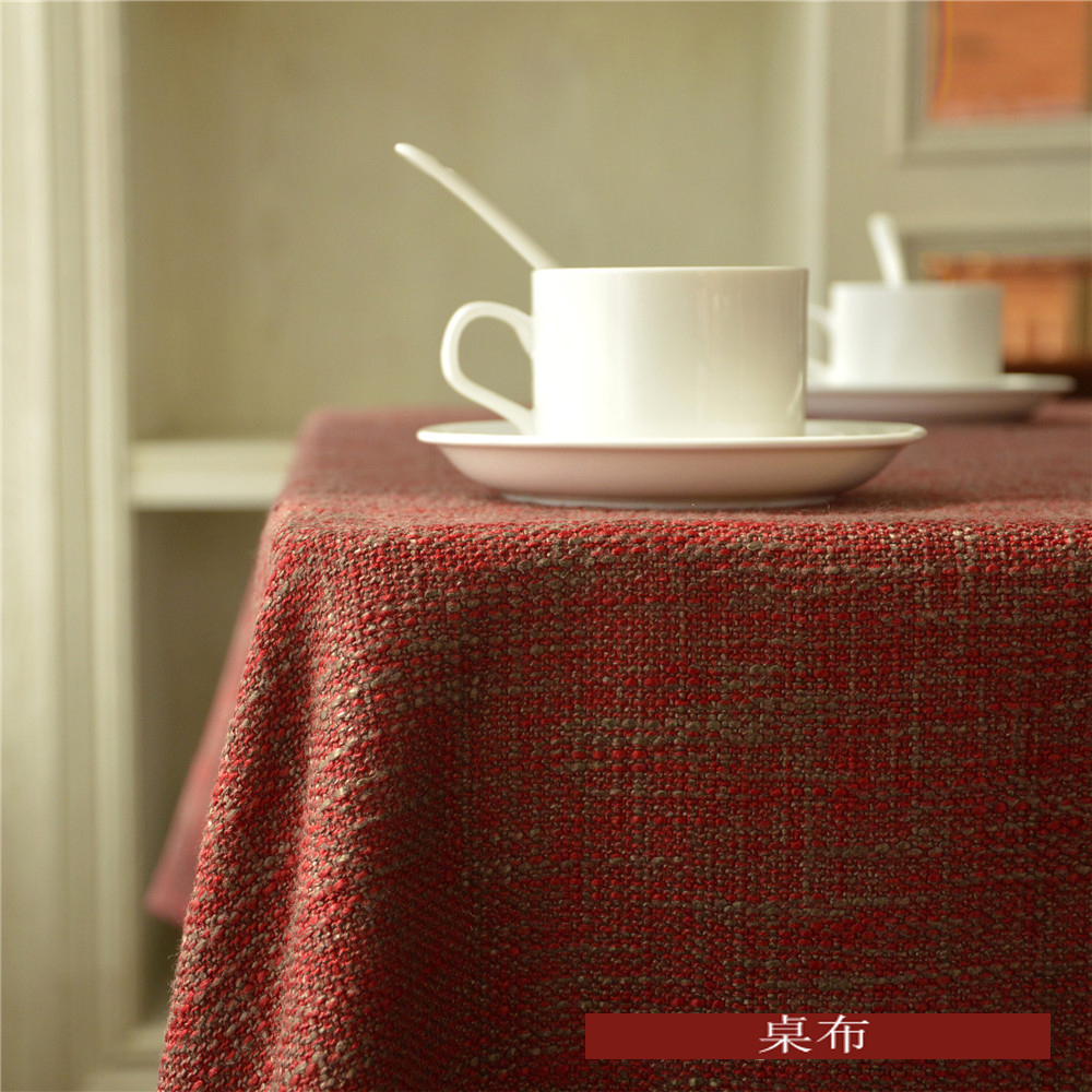 加厚棉麻长方形餐桌布布艺台布中式茶几布书桌布浅蓝色酒红咖啡色