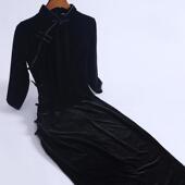 连衣裙 女装 改良旗袍黑色丝绒中国风复古优雅刺绣气质长款 春秋季