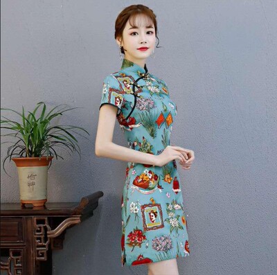 春夏亚麻透气时尚复古风短款旗袍