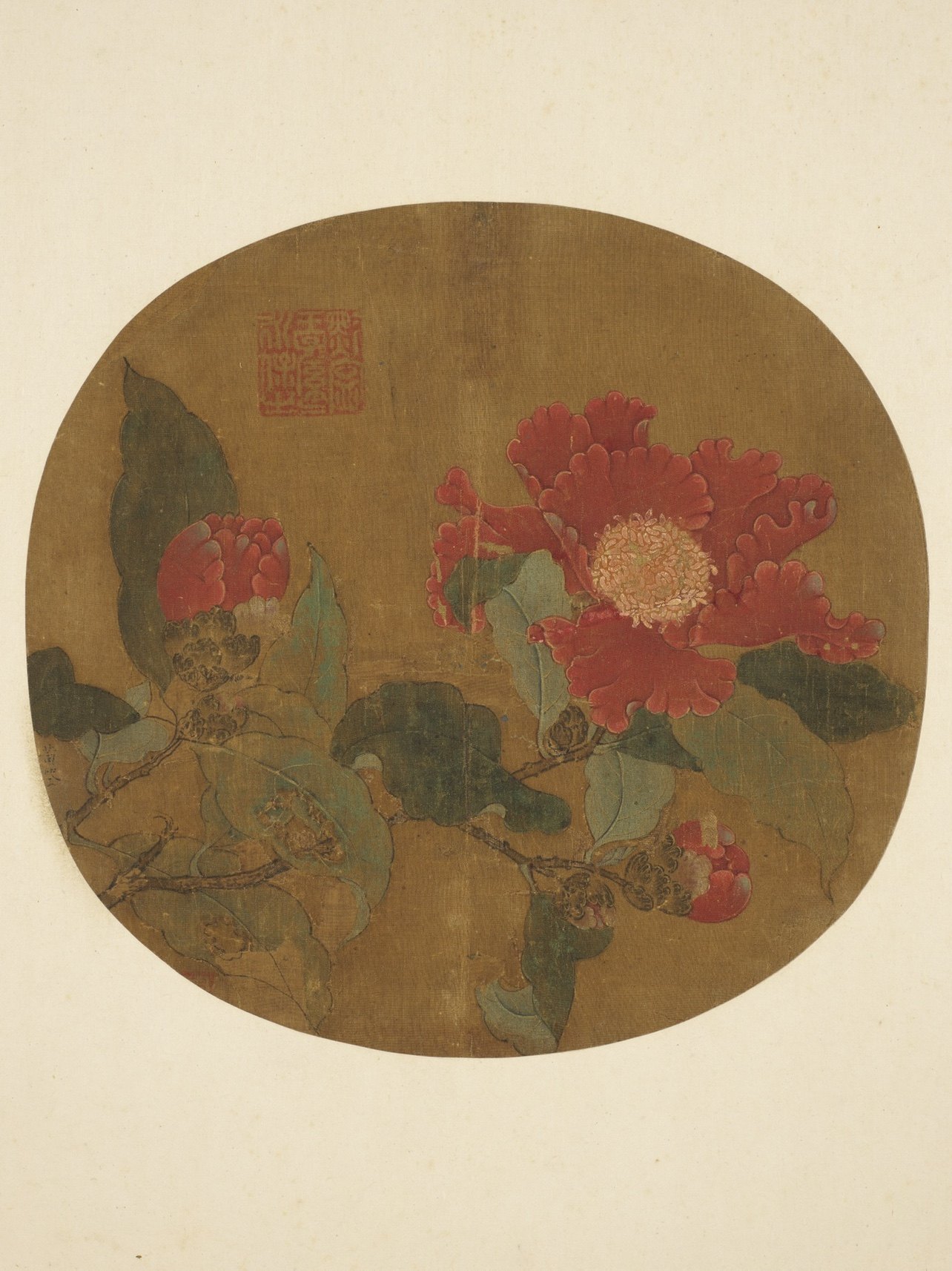 黄筌 山茶图页 五代国画团扇小品工笔重彩花鸟画高清微喷画稿素材