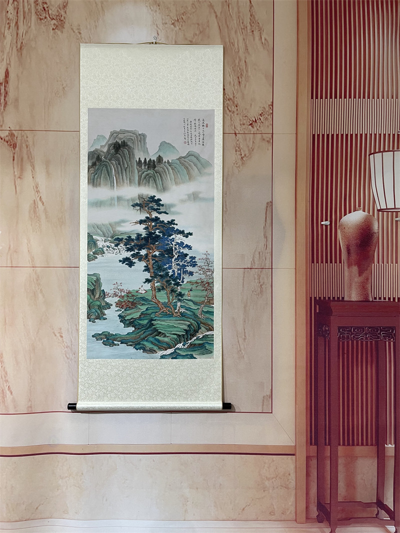 青绿山水人物风景任重观瀑图国画