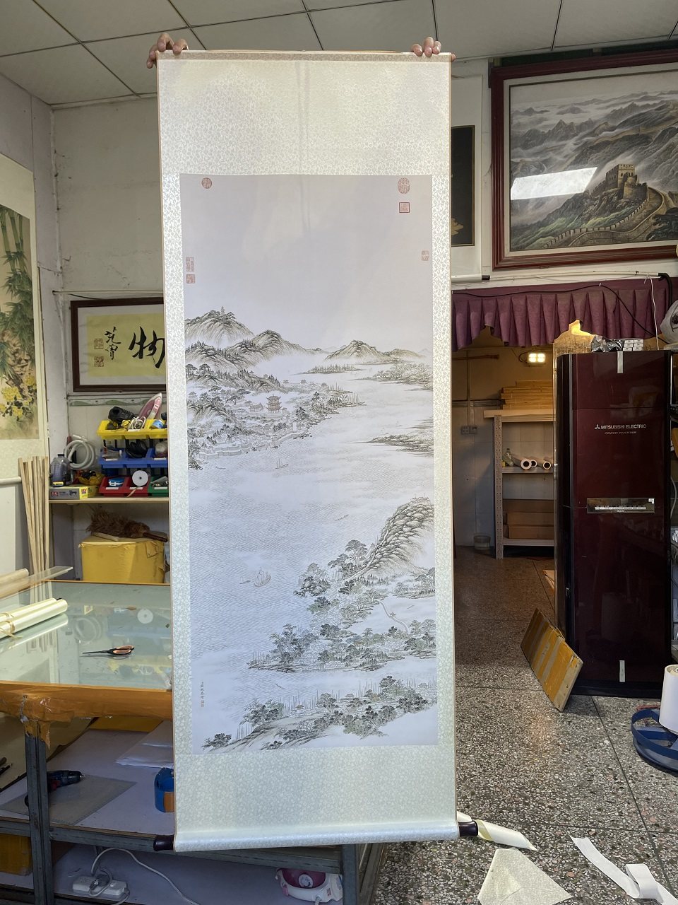 清代 关槐 黄鹤楼图 工笔山水建筑国画竖幅挂轴微喷绢布装裱