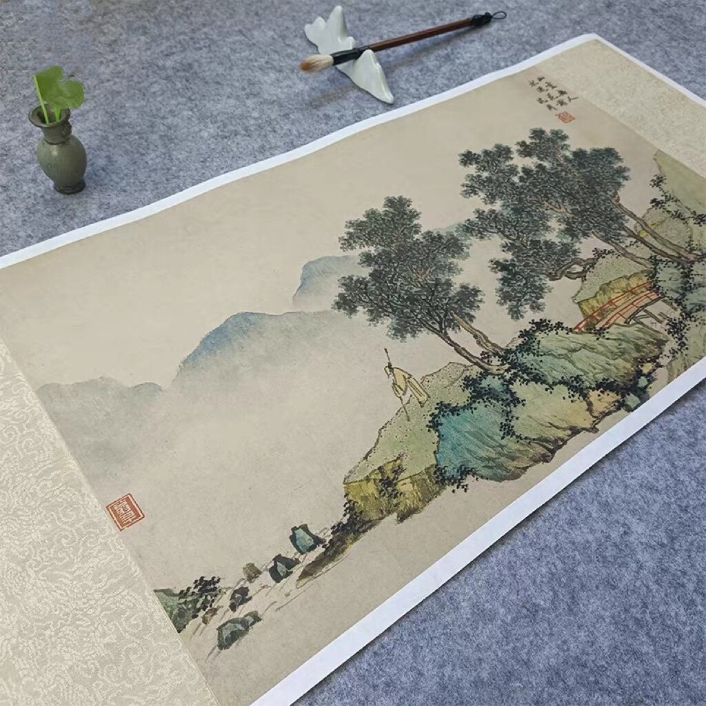 沈周落花诗意图明青绿山水古代国画微喷打印临摹画稿底稿临摹范本