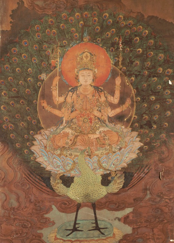 日本平安时代孔雀明王像彩图微喷复制绢布画芯佛画装饰挂轴装裱