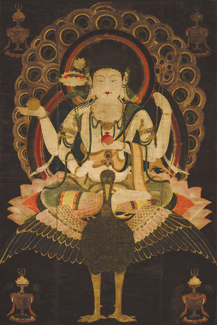 孔雀明王图佛画人物画艺术微喷复制画绢画装饰画供奉画临摹学习