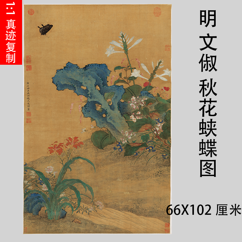 明 文俶 秋花蛱蝶图 古代工笔花卉蝴蝶国画微喷复制装饰画绫挂轴
