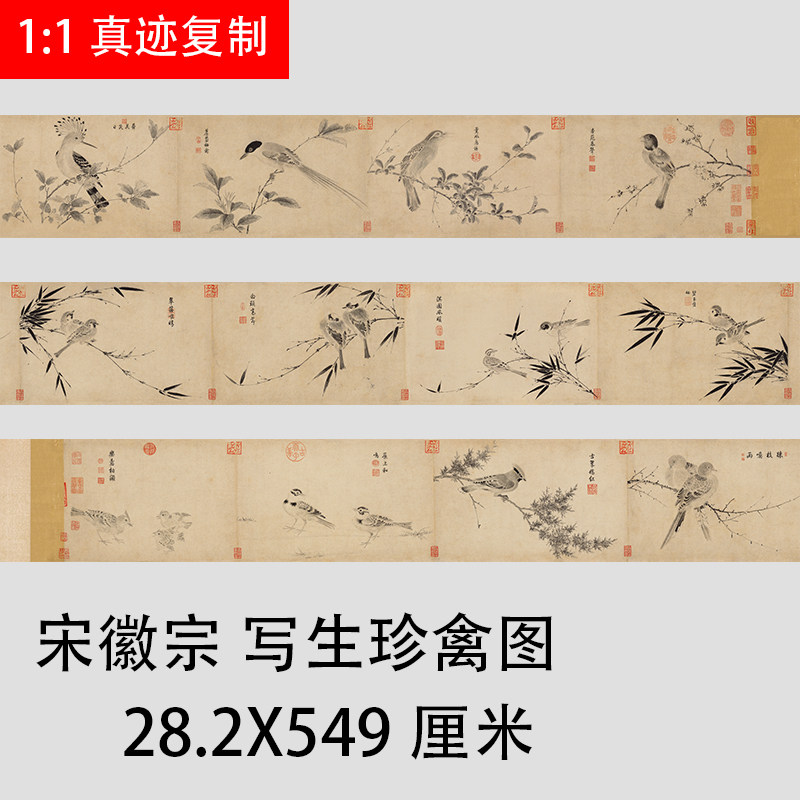 宋徽宗赵佶 写生珍禽图 古代名家工笔花鸟长卷绢布高清临摹复制画