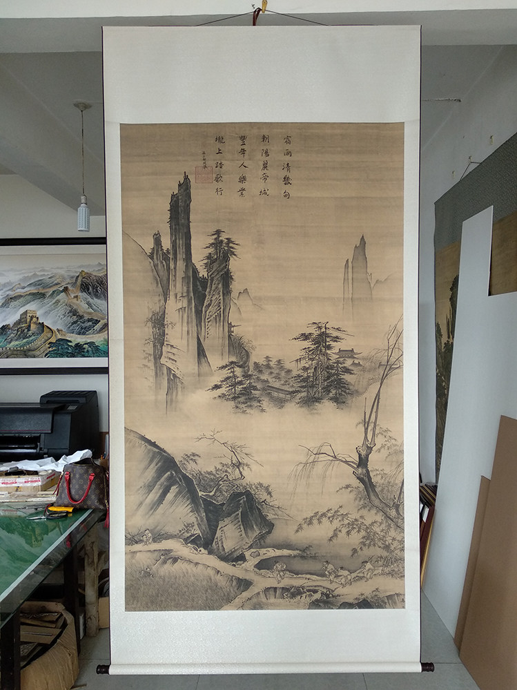 宋-马远-踏歌图-80x138cm绢本立轴山水国画复制品包装裱挂轴包邮