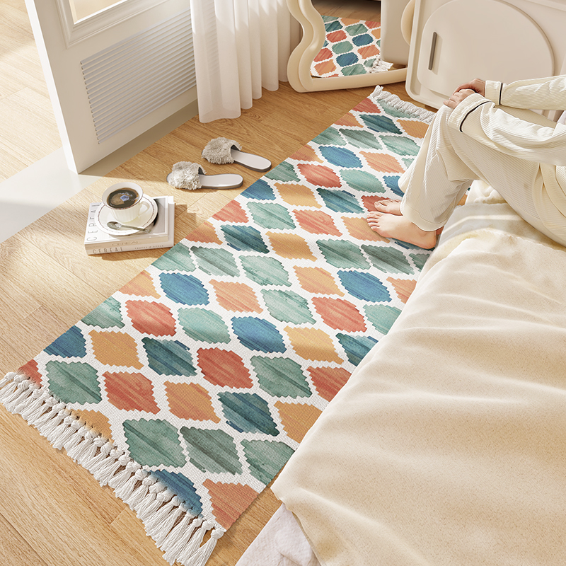 纯棉床边地毯卧室满铺房间长方形家用编织毯床前小地毯ins风地垫