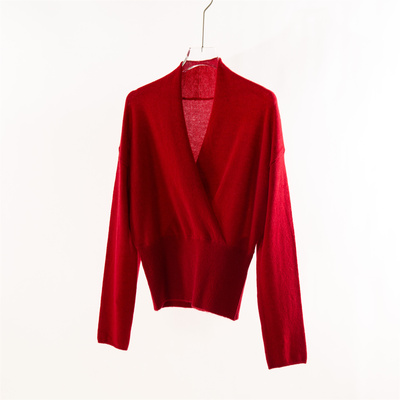 法式女人味交叉v领长袖针织衫