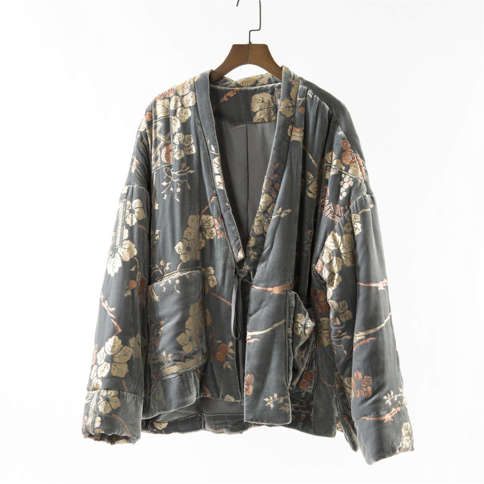 欧洲站出口复古丝绒烫金印花新中式棉服外套女气质V领宽松显