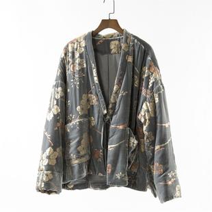 欧洲站出口复古丝绒烫金印花新中式棉服外套女气质V领宽松显