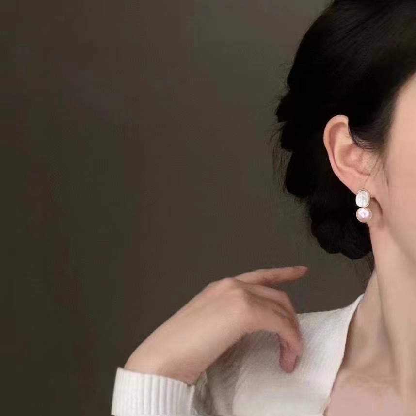 超美母贝巴洛克纽扣珍珠耳钉纯银耳针