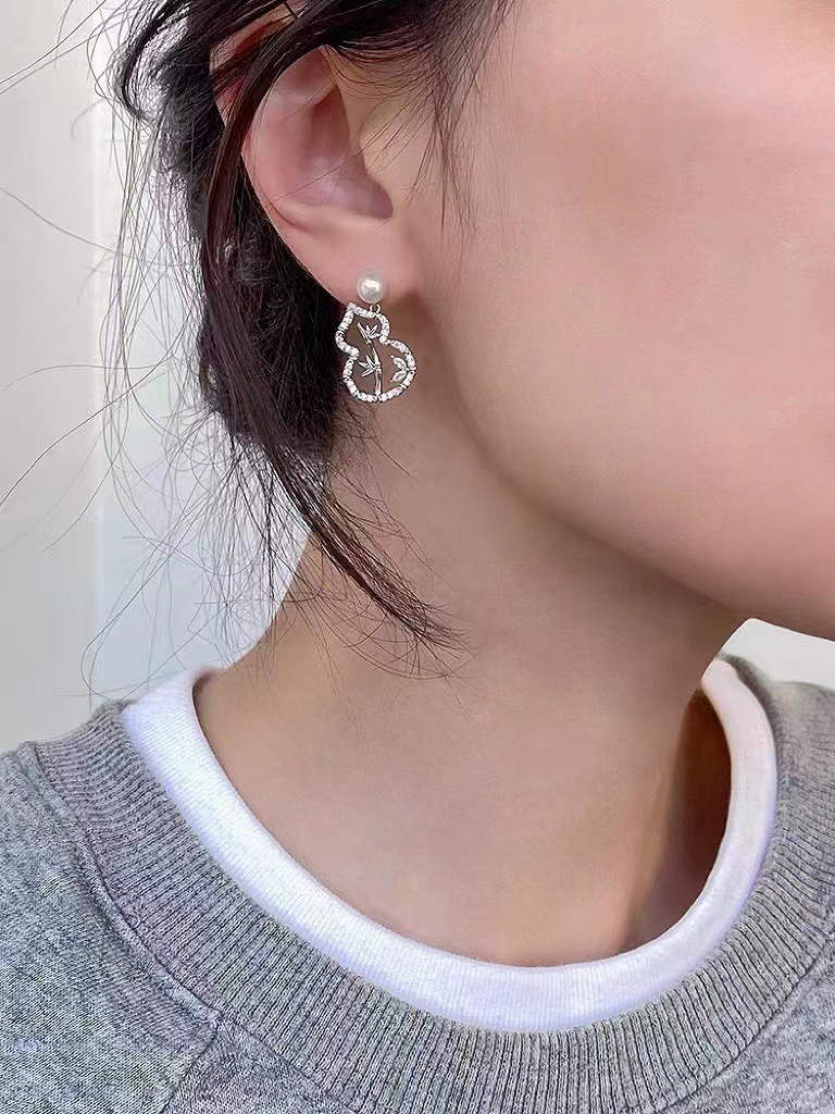 国风葫芦珍珠耳钉新中式元素 竹节寓意6mm天然淡水珍珠