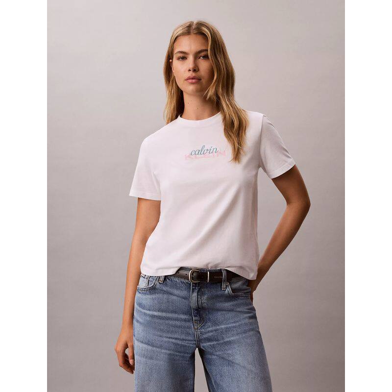 CALVIN KLEIN 女士T恤CK短袖女纯棉修身半袖针织圆领夏季百搭logo