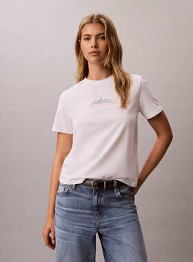 CALVIN KLEIN 女士T恤CK短袖女纯棉修身半袖针织圆领夏季百搭logo