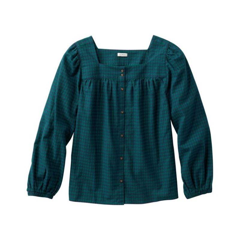 L.L. Bean宾恩女装上衣法兰绒棉泡泡袖方领衬衫格子衫娃娃服俏皮
