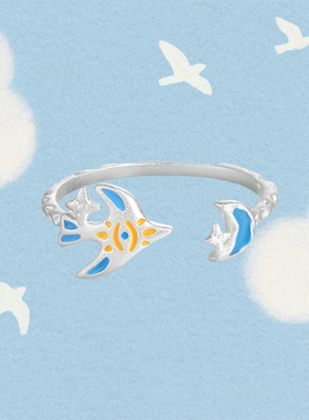 原创飞鸟涂鸦戒指纯银S925可爱卡通童趣多巴胺开口戒