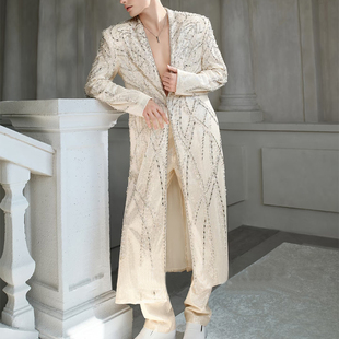 ROKKIHU 香槟金米色长款亮片西装树枝纹理钉珠高定礼服演出活动服