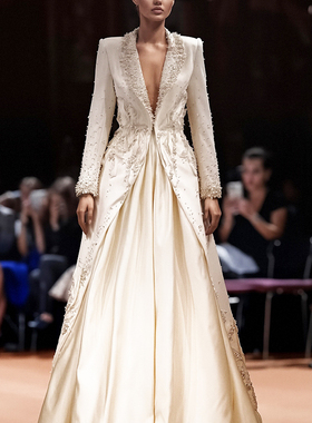 ROKKIHU 宫廷风珍珠刺绣西装礼服香槟色缎面大摆裙晚宴定制礼服