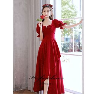 大码敬酒服新娘酒红色平时可穿订婚裙结婚回门服便装高级感胖mm夏