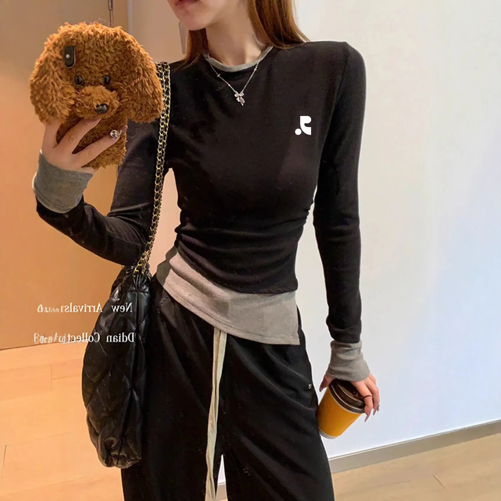 纯棉假两件长袖T恤女显瘦韩系