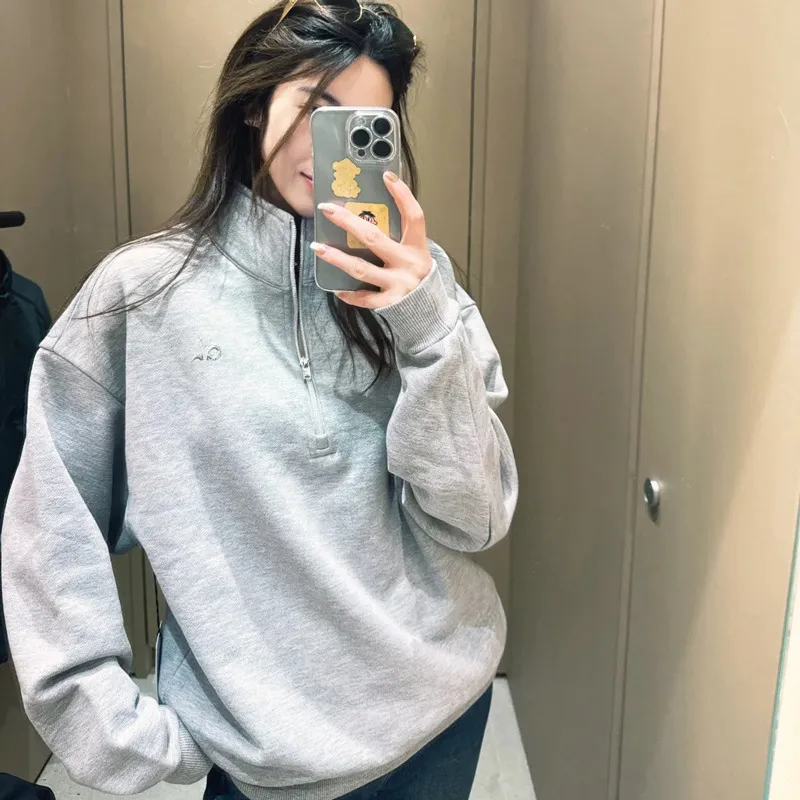 半拉链卫衣al*金智秀Jisoo同款25秋季新款女宽松显瘦灰色外套女