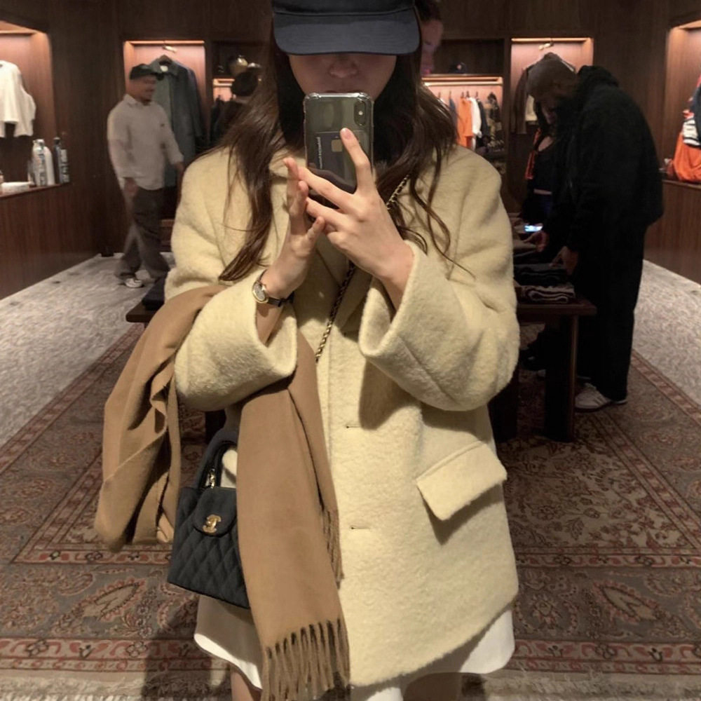 现货 羊毛毛呢2025秋冬新款女款韩系纯色气质单排扣西装外套oun*e