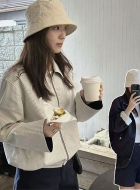 现货 双面穿条纹翻领夹克女2025春季韩东大门休闲宽松双面外套g*d