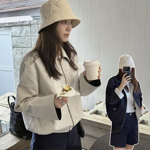 现货 双面穿条纹翻领夹克女2025春季韩东大门休闲宽松双面外套g*d