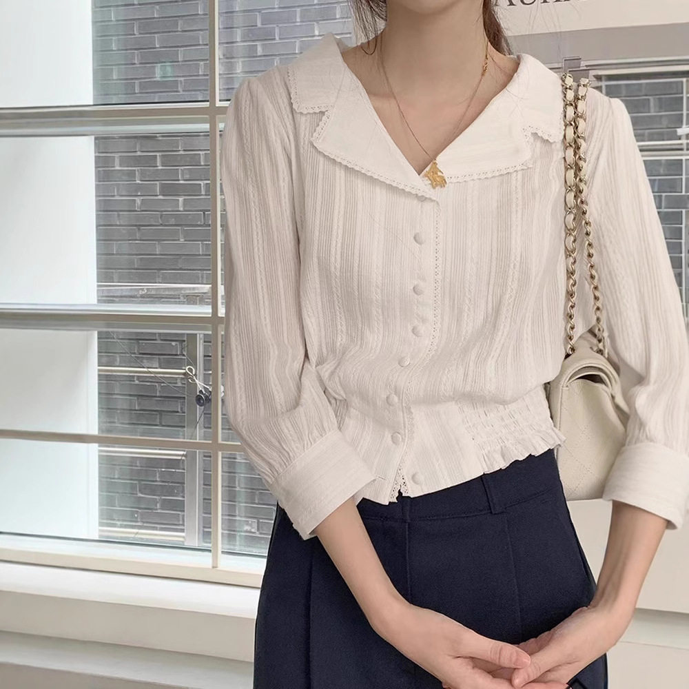 现货 白色雪纺衬衫春季女法式蕾丝花边七分袖宽松衬衣maybeba*y
