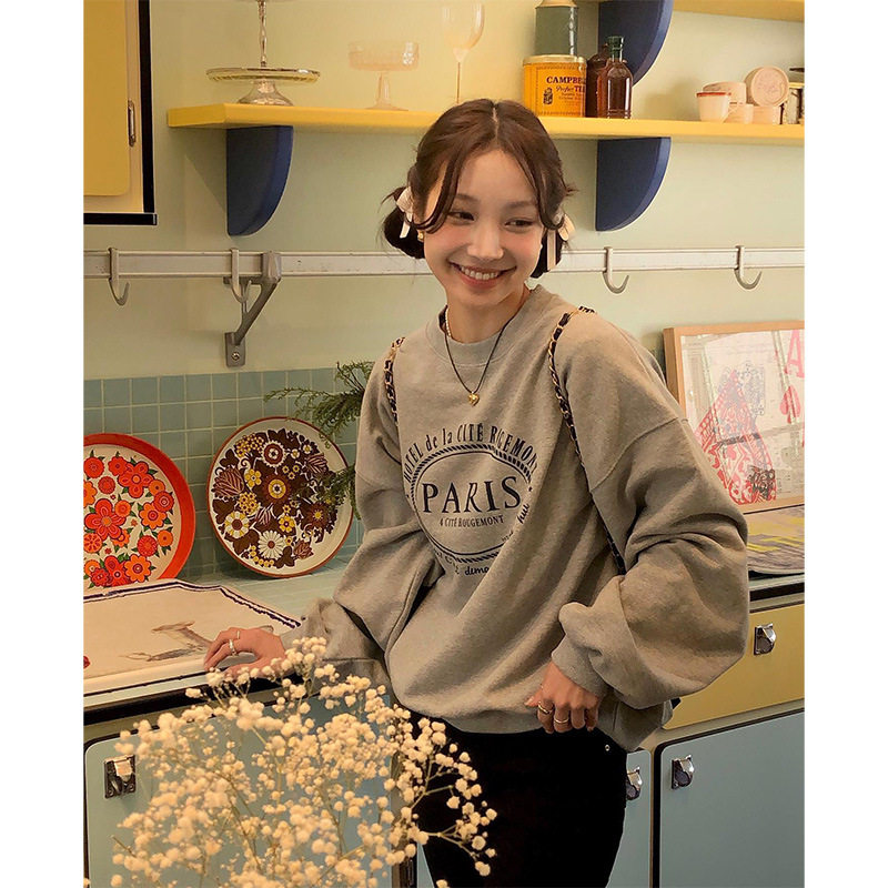 现货 圆领卫衣女宽松春秋外套女款韩系女装秋季薄款纯棉长袖上衣