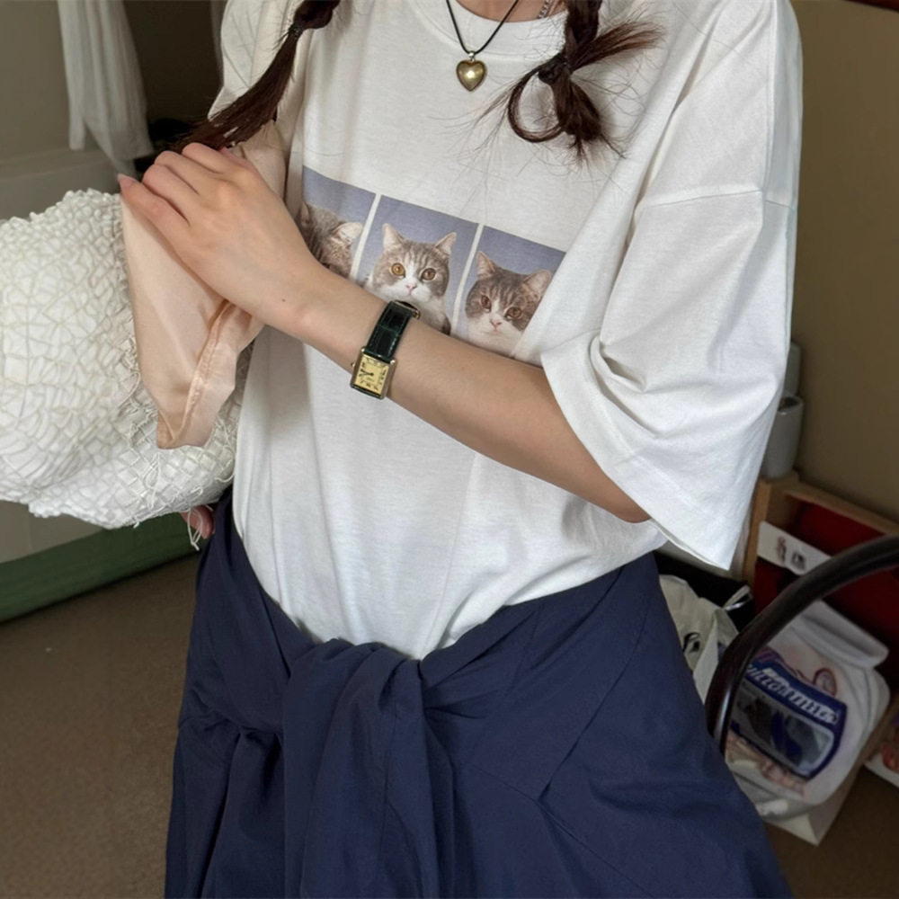 现H ribb*nbit女式猫猫印花纯棉情侣款短袖T恤正肩东大门新款体恤