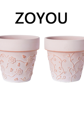 复古做旧ins红陶花盆浮雕透气透水陶土盆庭院阳台客厅陶瓷花盆