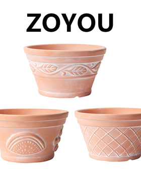 多肉植物红陶花盆浮雕圆形矮款水果透气粗陶土客厅陶瓷花盆带托盘