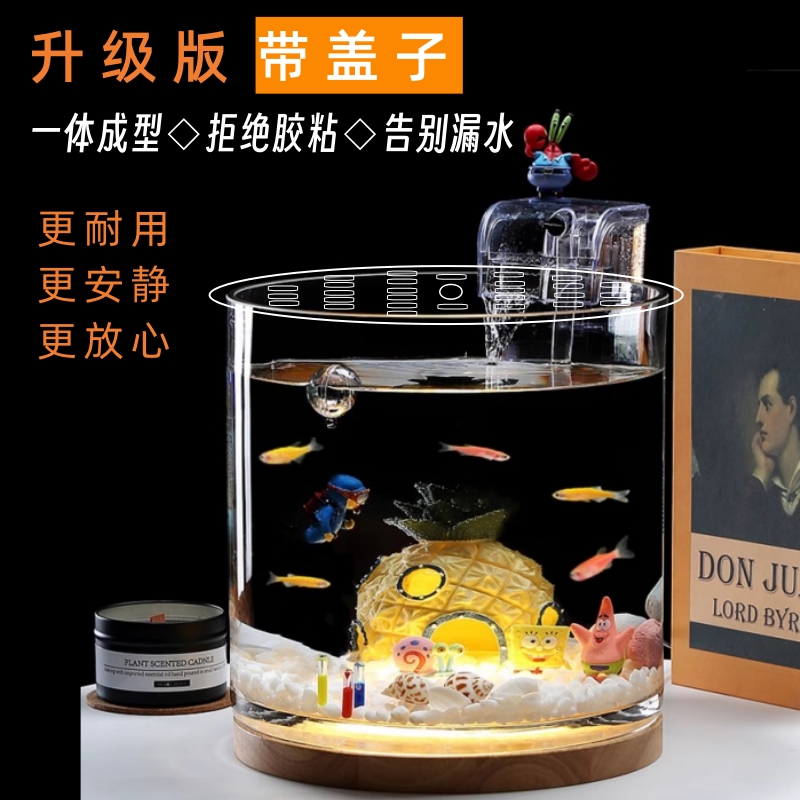 客厅办公桌面玻璃圆柱鱼缸免换水
