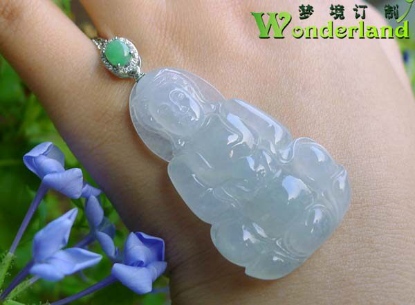 天然A货冰种绿+晴水色翡翠观音吊坠链18K白金镶玉钻石现货特