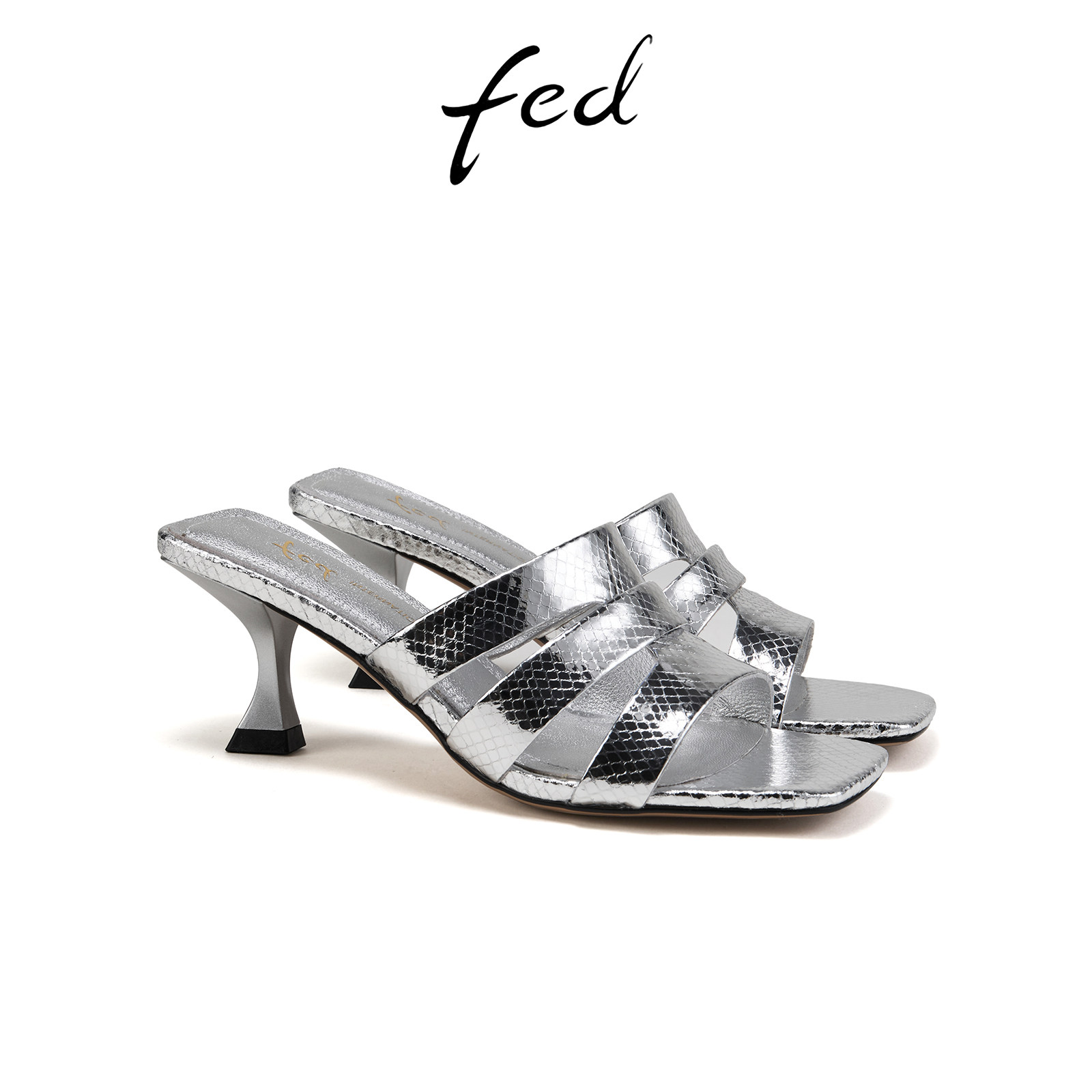 fed金属头层牛皮真皮女凉鞋夏季新款细高跟一字带凉拖鞋女外穿