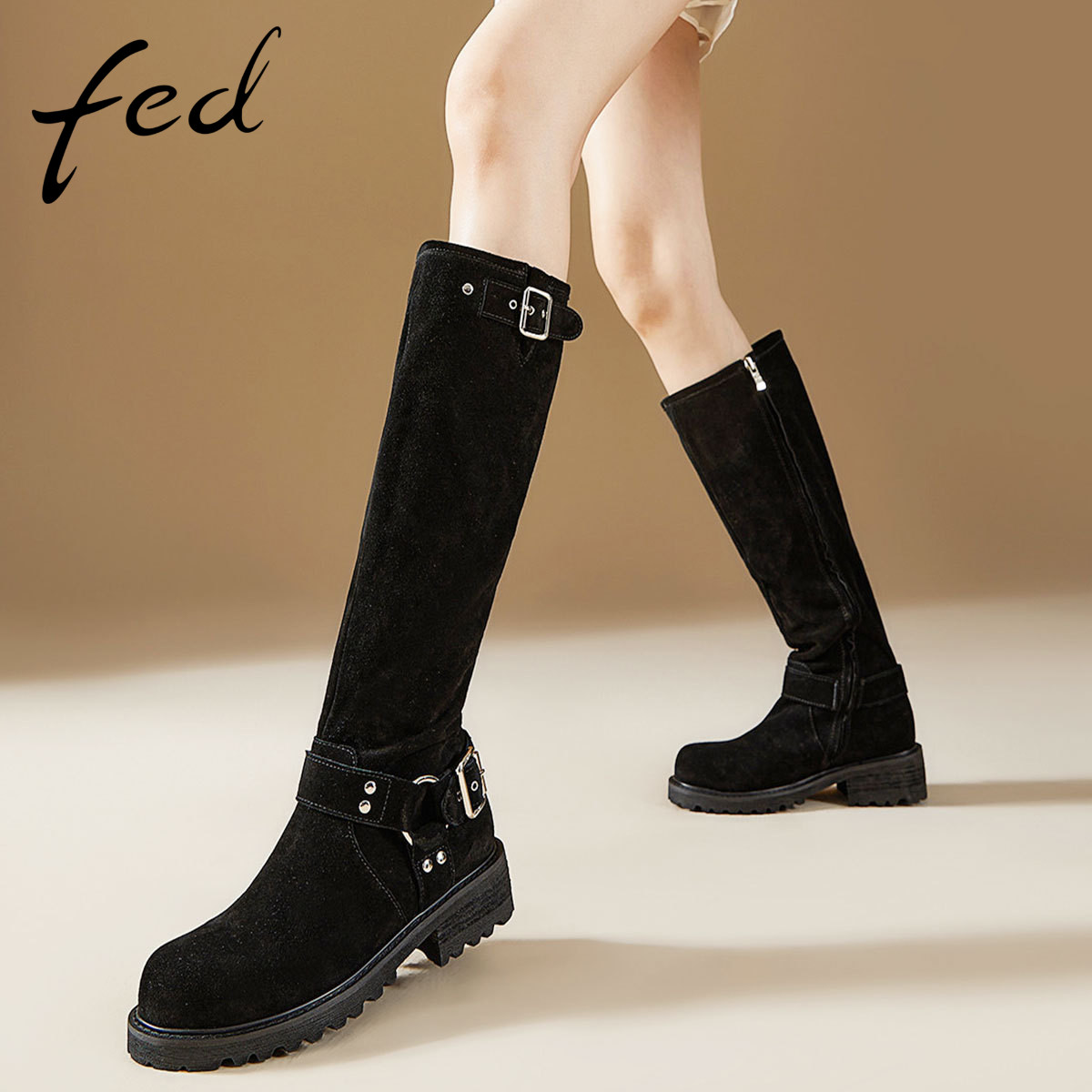 fed高丝光反绒皮秋冬铆钉真皮女鞋粗跟靴子女高筒西部靴骑士靴女