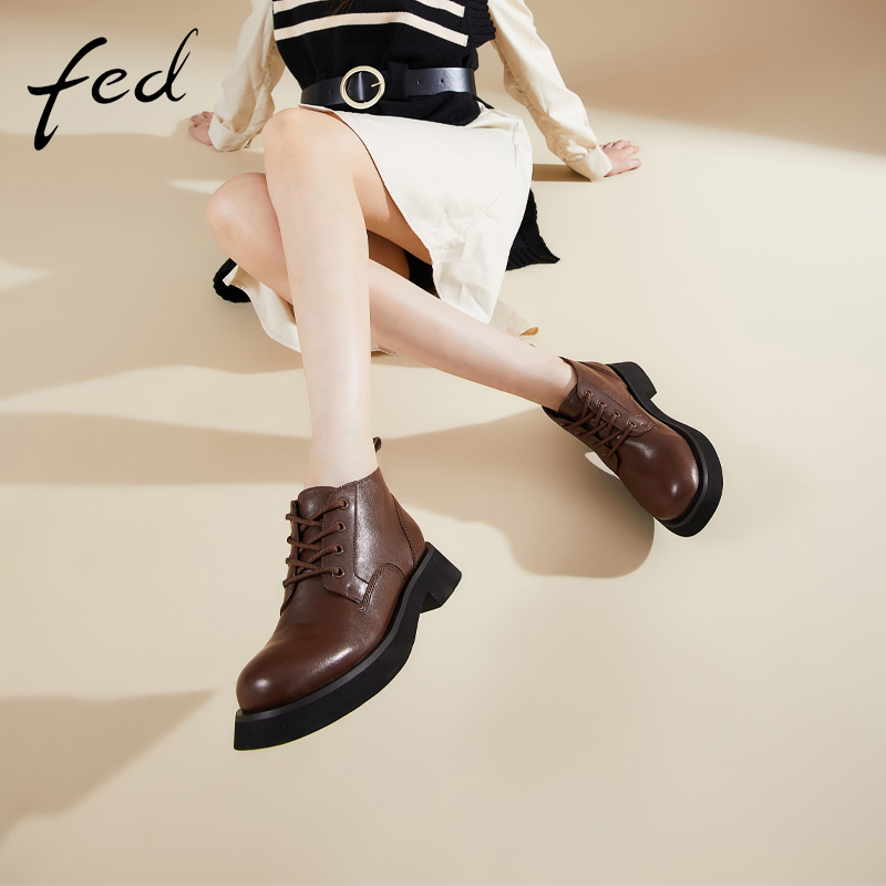 fed头层牛皮靴女鞋春秋真皮复古百搭粗跟靴子女短靴及踝靴马丁靴