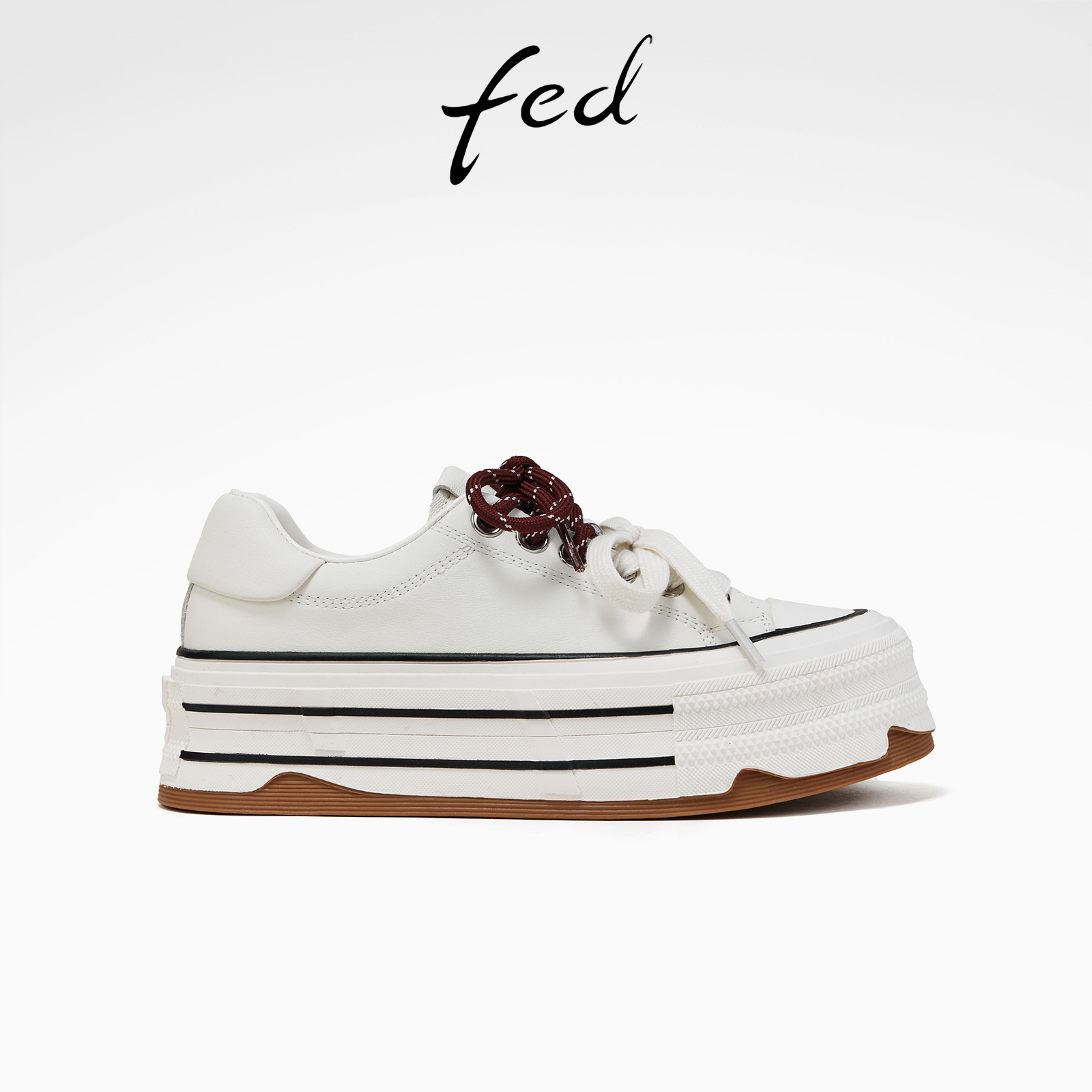 fed头层牛皮女鞋秋专柜同款松糕厚底运动休闲鞋女双色系带板鞋女