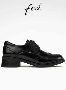 fed黑色小皮鞋春季新款女鞋真皮牛津鞋粗跟布洛克鞋女D1228-ZC788