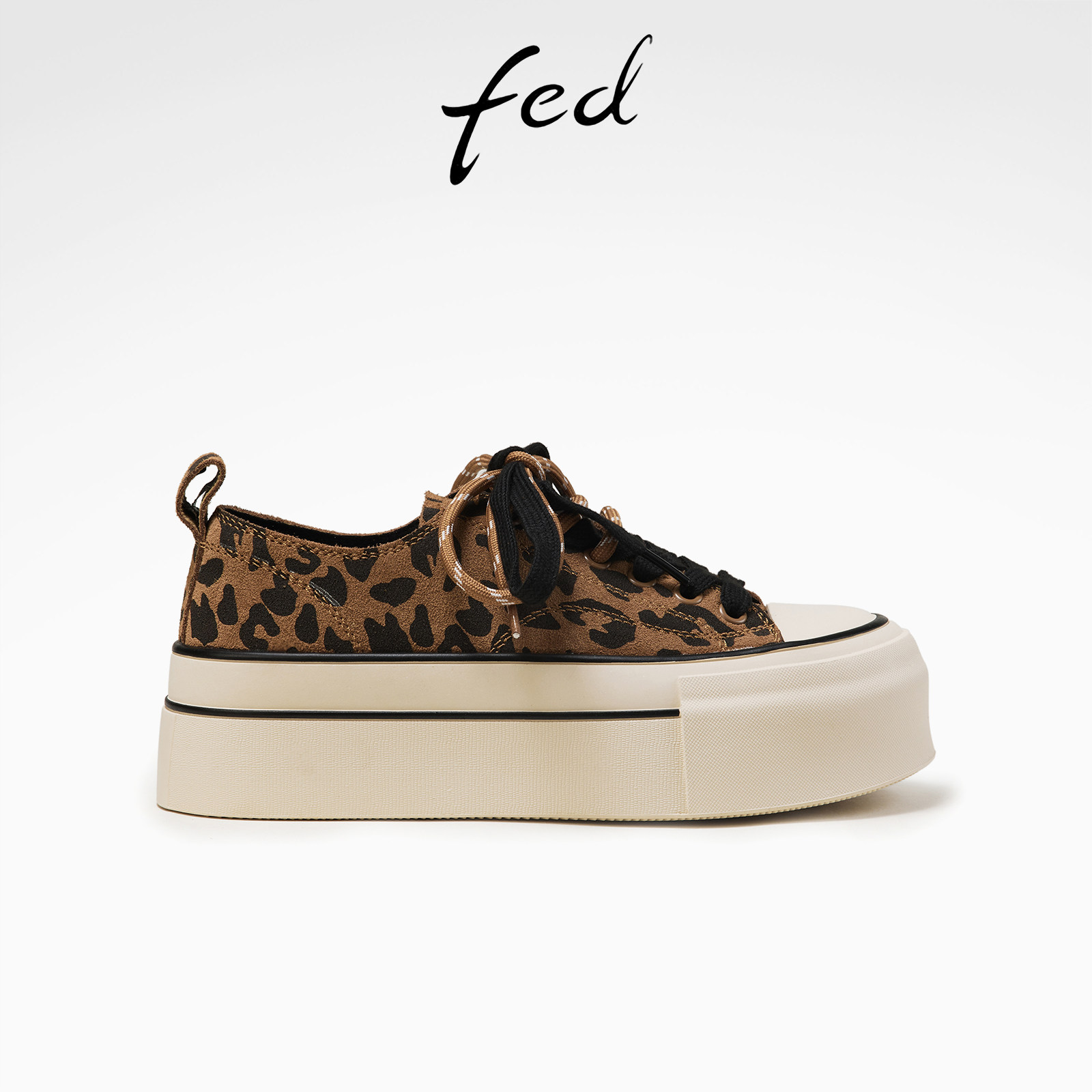 fed高丝光豹纹反绒皮秋季高帮女鞋真皮增高厚底休闲运动鞋板鞋女