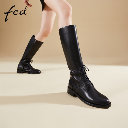 fed全头层牛皮秋冬真皮加绒保暖粗跟靴子女高筒靴西部靴骑士靴女